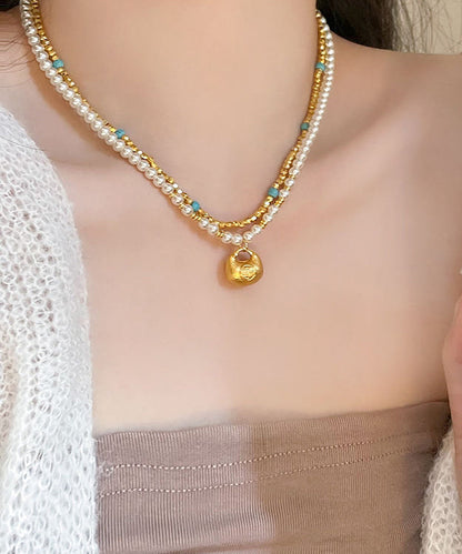 Fashion Sterling Silver Overgild Turquoise Pearl Two Piece Set Pendant Necklace