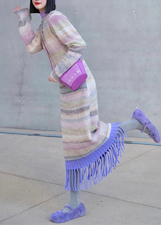 Fashion Striped O-Neck Tassel Patchwork Ma Hai Mao Knit Dress Winter