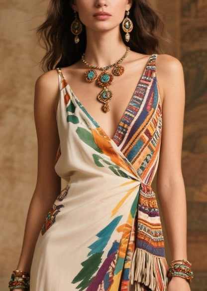 Fashion Tasseled Print Side Open Chiffon Holiday Dress Summer