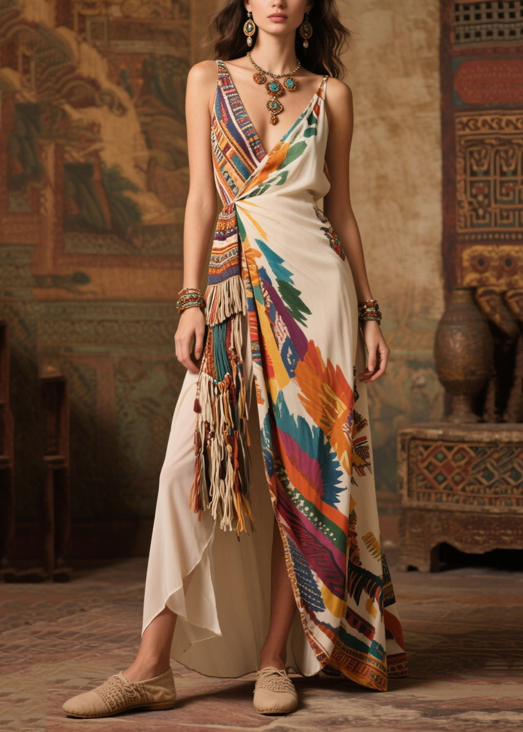 Fashion Tasseled Print Side Open Chiffon Holiday Dress Summer