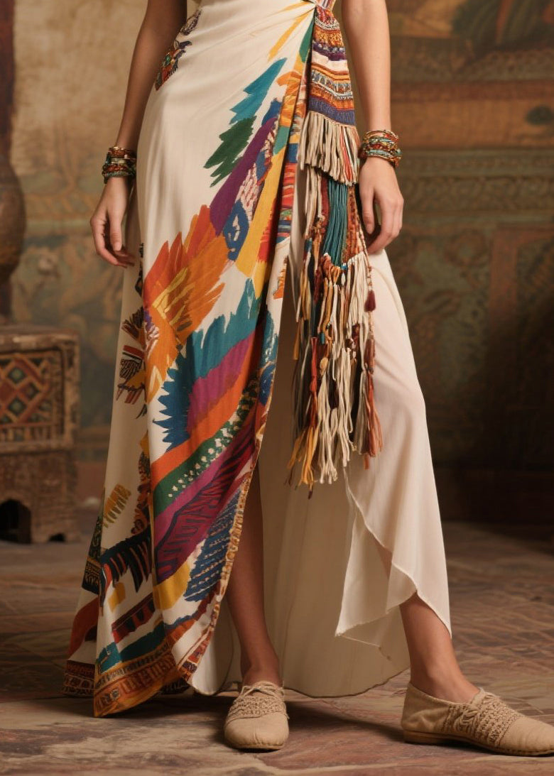 Fashion Tasseled Print Side Open Chiffon Holiday Dress Summer