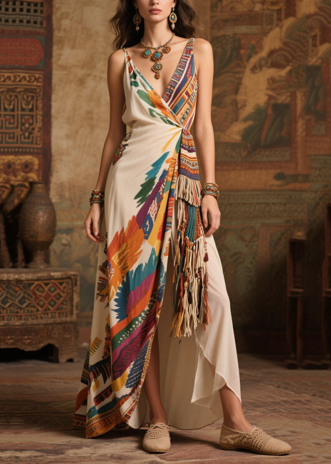 Fashion Tasseled Print Side Open Chiffon Holiday Dress Summer