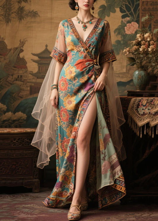 Fashion Tea Green Floral Side Open Chiffon Dinner Dress Summer
