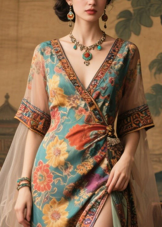 Fashion Tea Green Floral Side Open Chiffon Dinner Dress Summer