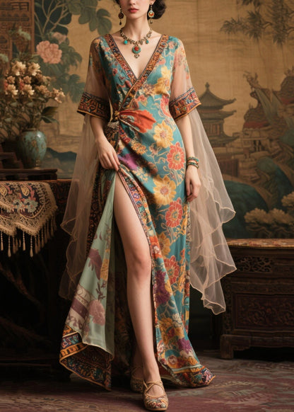 Fashion Tea Green Floral Side Open Chiffon Dinner Dress Summer
