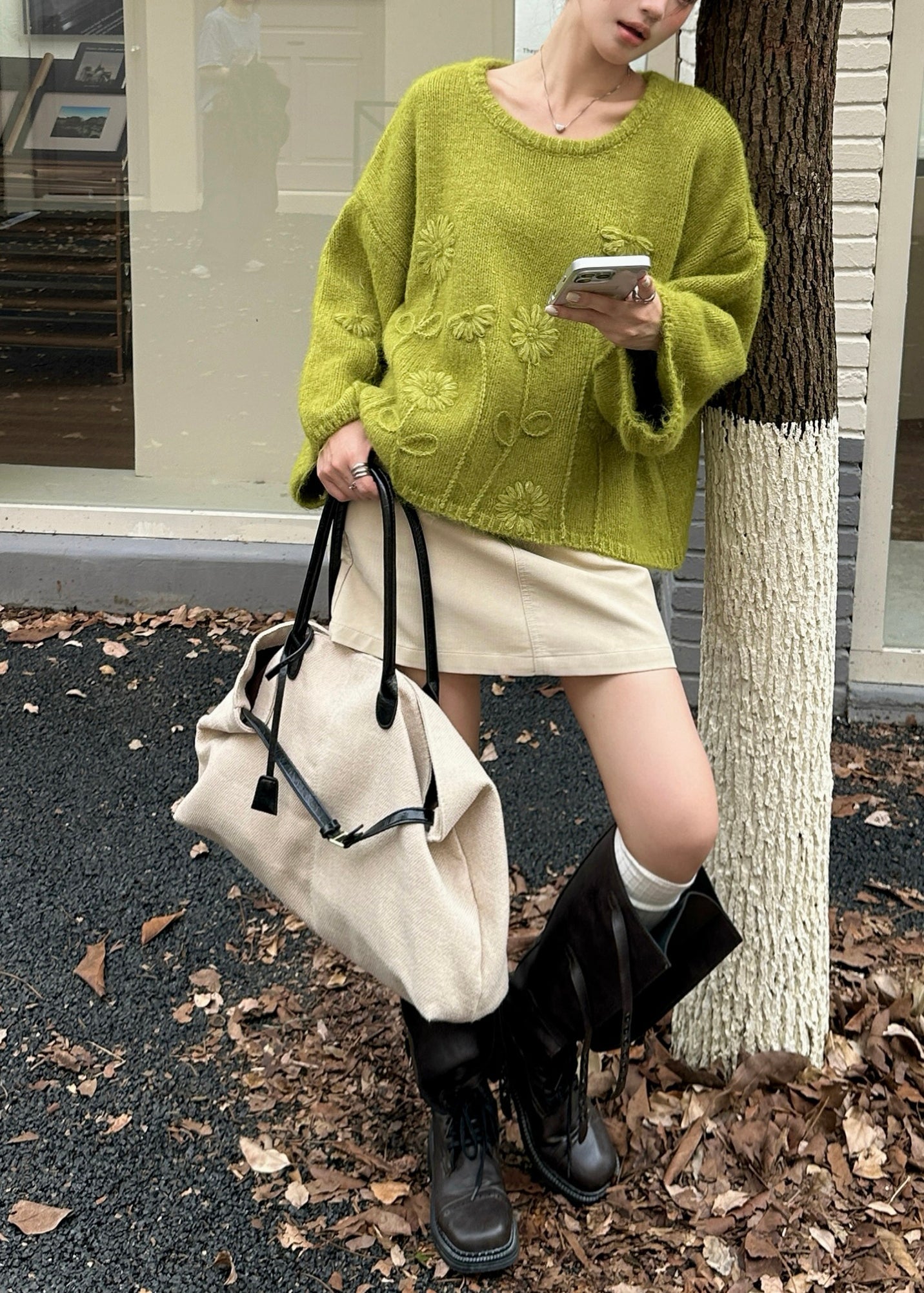 Fashion Tea Green Oversized Floral Knit Sweater Winter