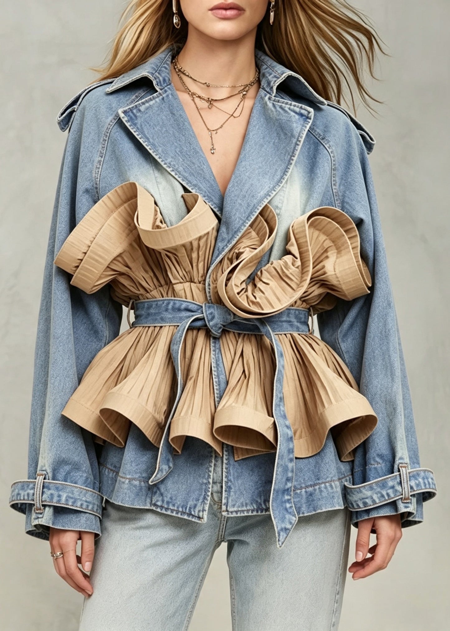 Fashion Turn-Down Collar Ruffles Patchwork Denim Tie Waist Coats Long sleeve