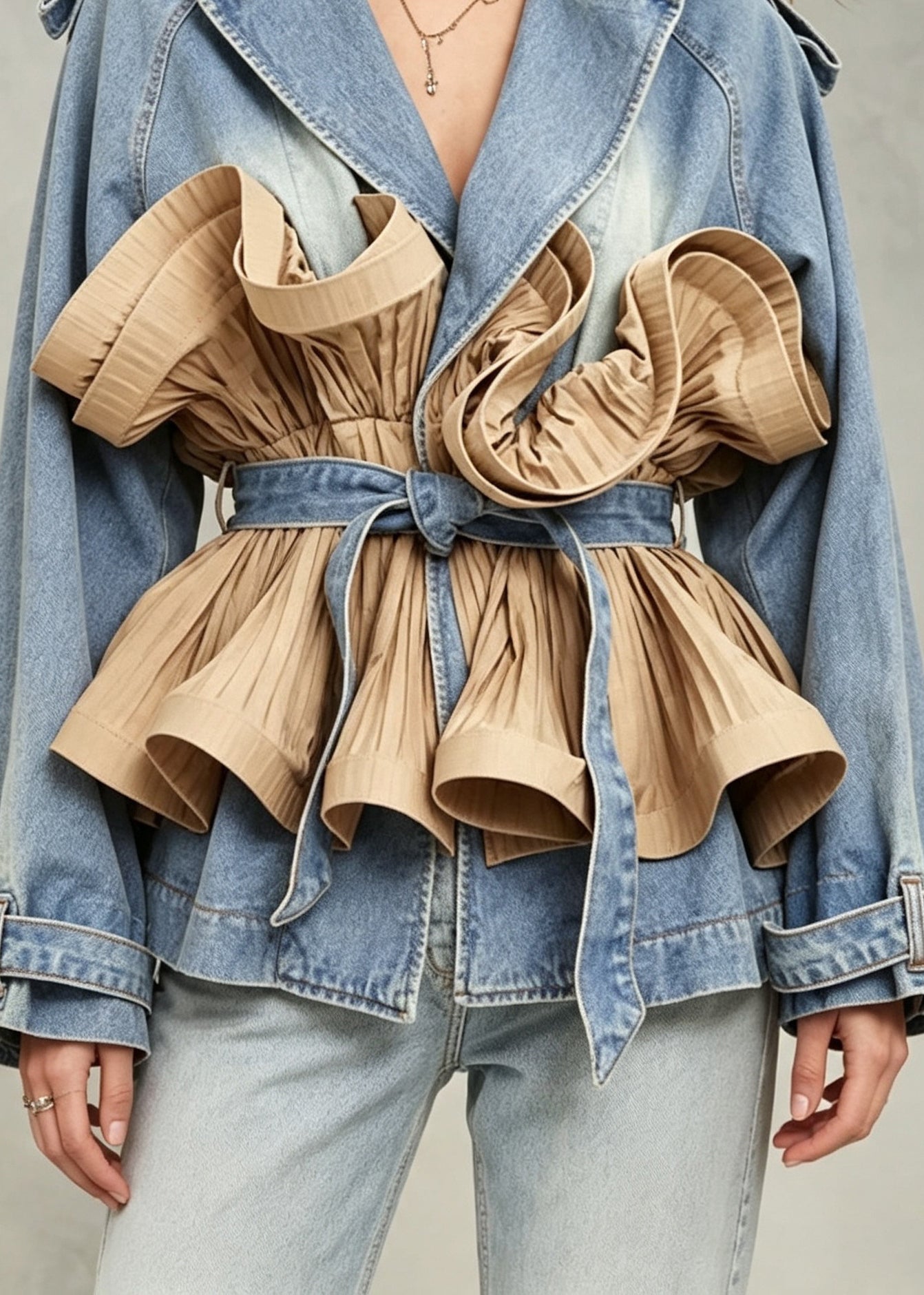 Fashion Turn-Down Collar Ruffles Patchwork Denim Tie Waist Coats Long sleeve