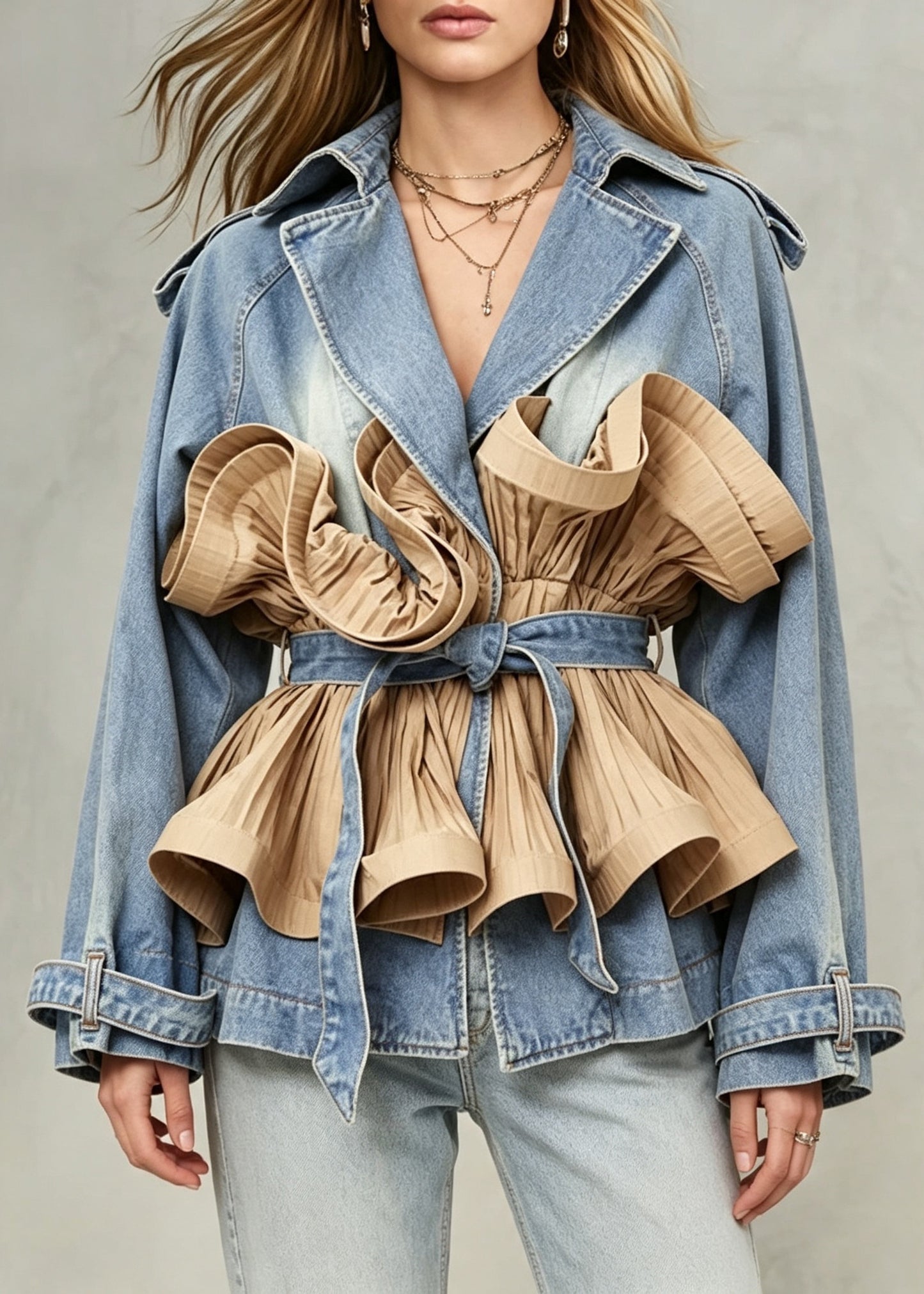 Fashion Turn-Down Collar Ruffles Patchwork Denim Tie Waist Coats Long sleeve