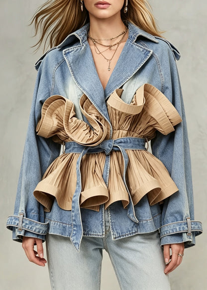 Fashion Turn-Down Collar Ruffles Patchwork Denim Tie Waist Coats Long sleeve
