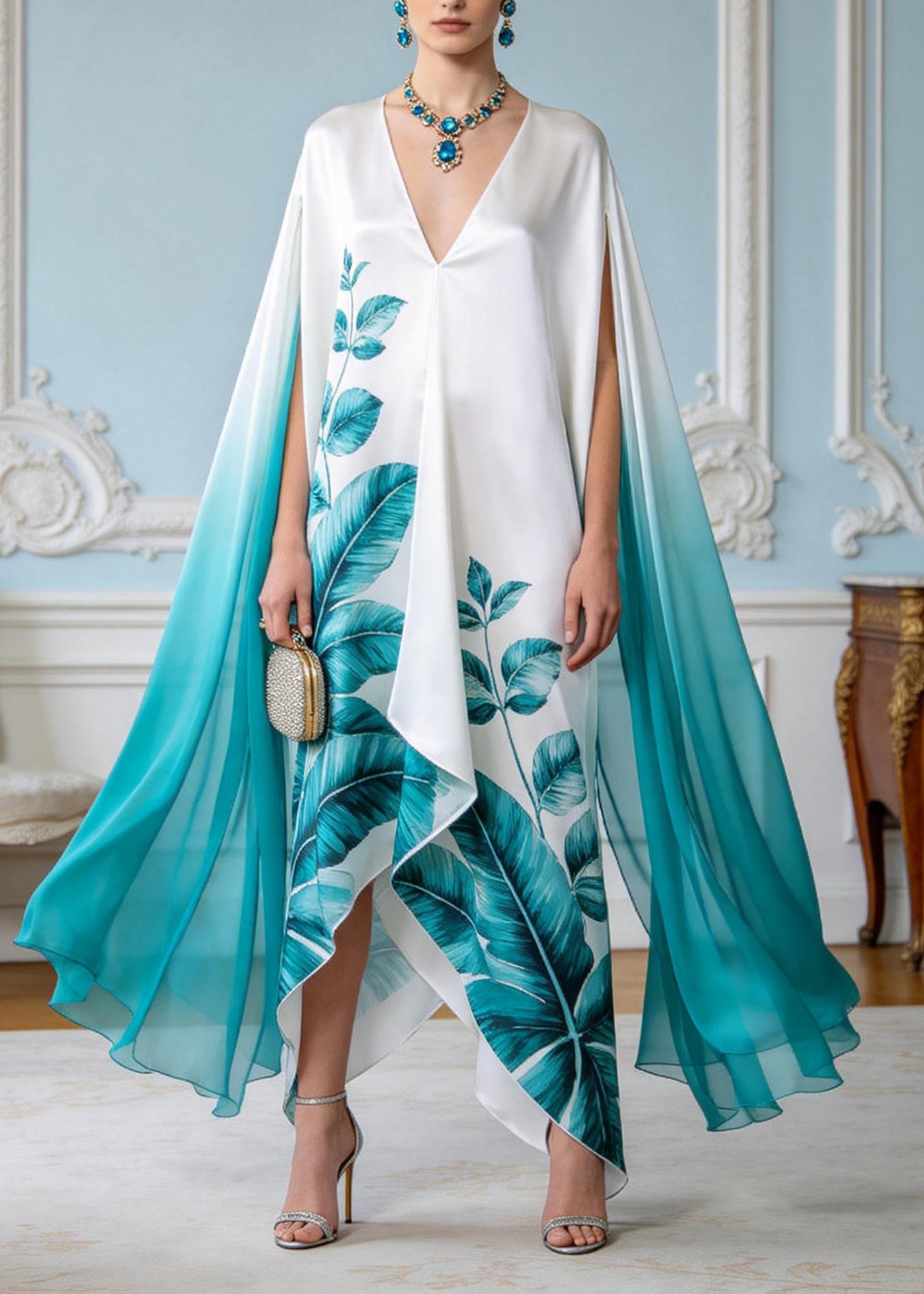Fashion V Neck Asymmetrical Design Print Chiffon Maxi Dresses Summer
