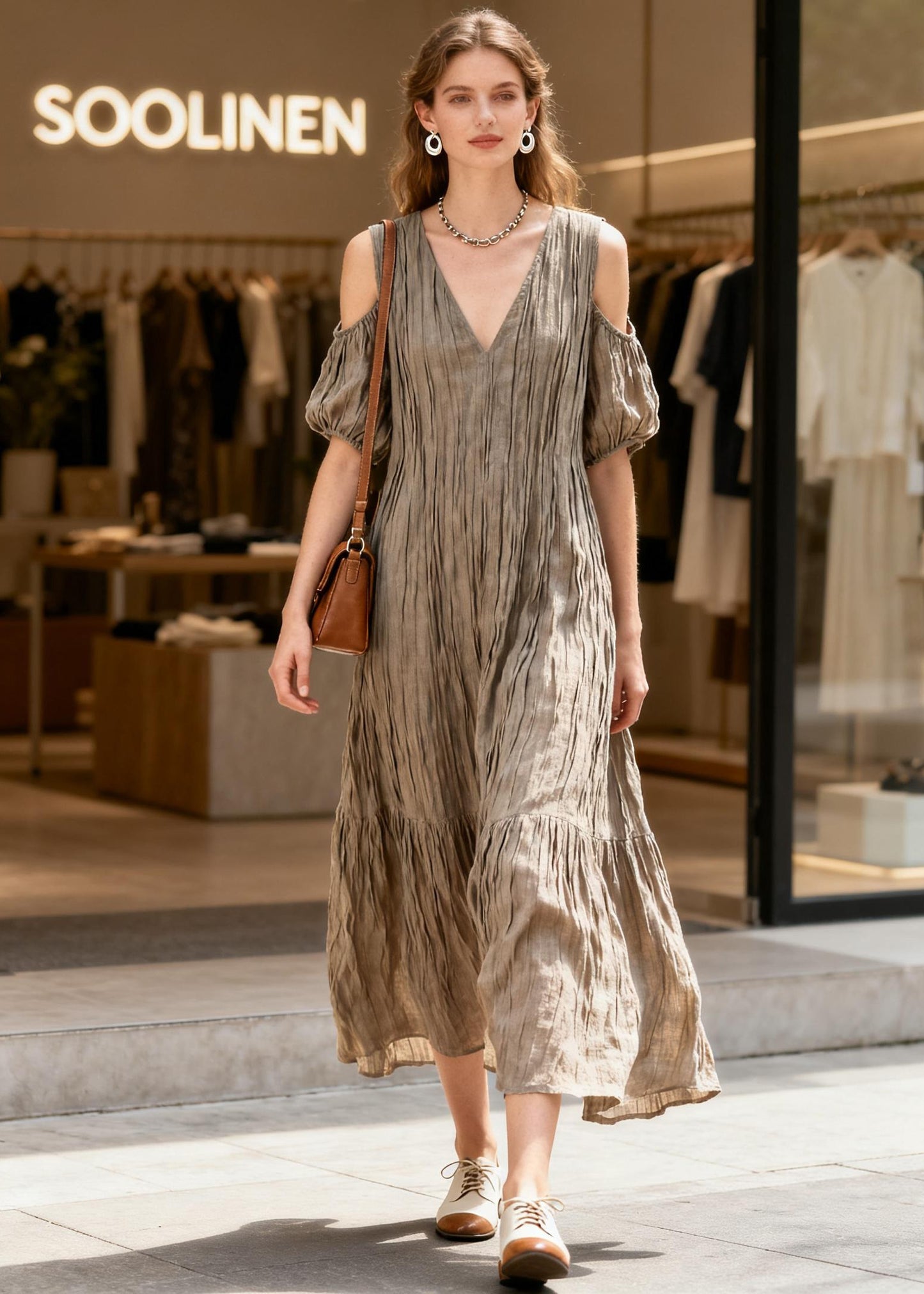Fashion V Neck Cold Shoulder Wrinkled Patchwork Cotton Dress Summer