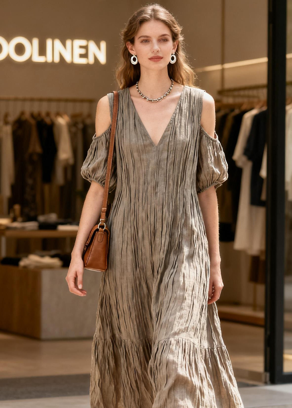Fashion V Neck Cold Shoulder Wrinkled Patchwork Cotton Dress Summer