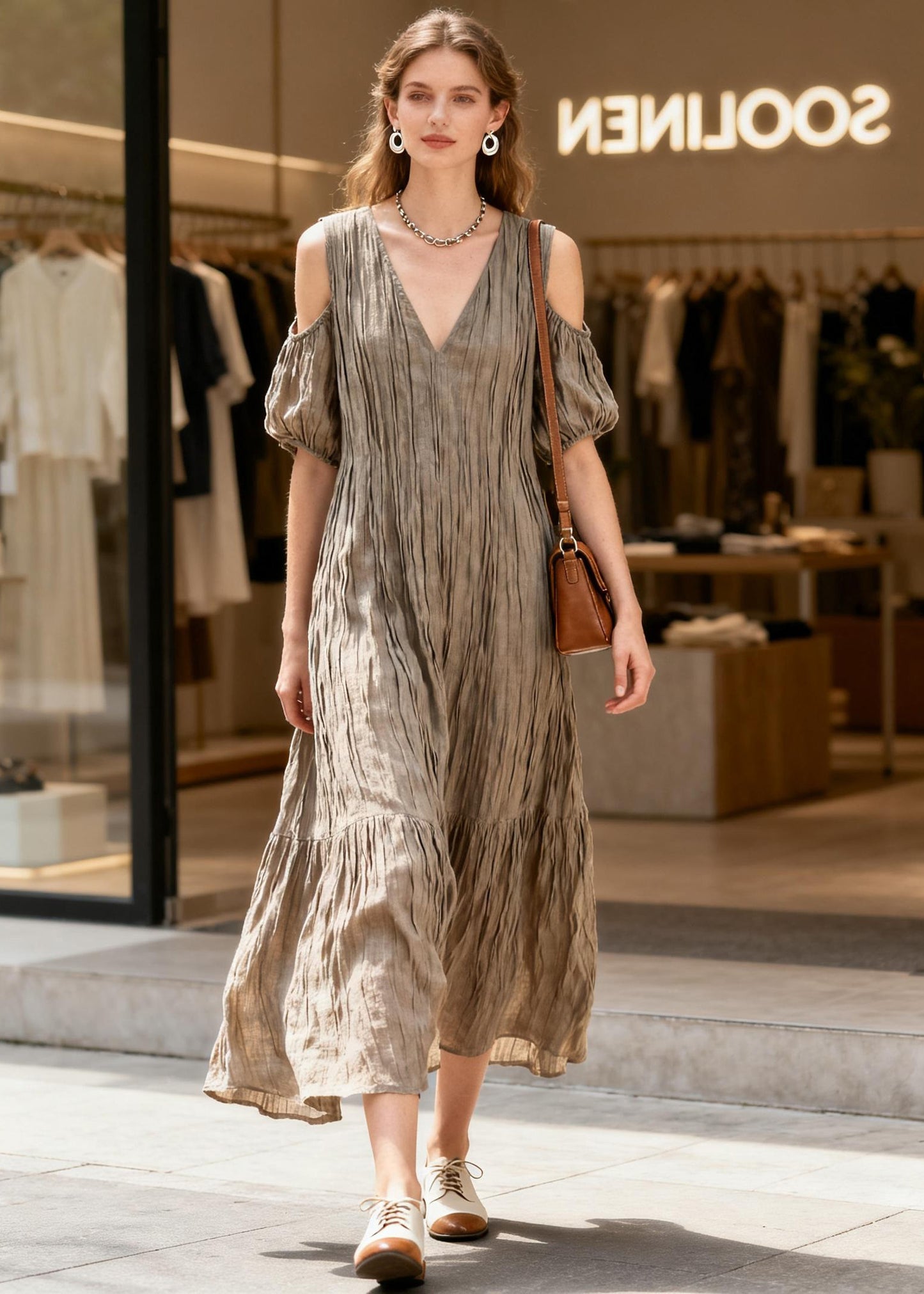 Fashion V Neck Cold Shoulder Wrinkled Patchwork Cotton Dress Summer