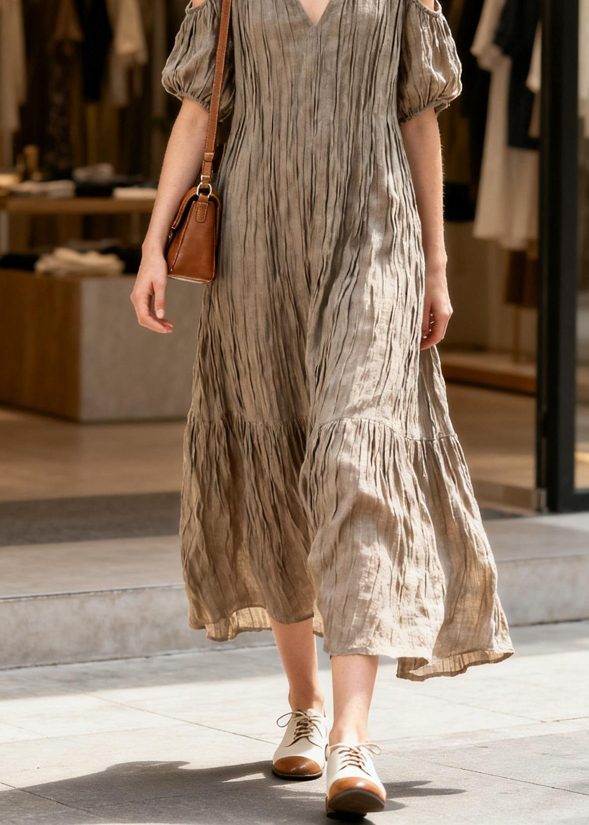 Fashion V Neck Cold Shoulder Wrinkled Patchwork Cotton Dress Summer