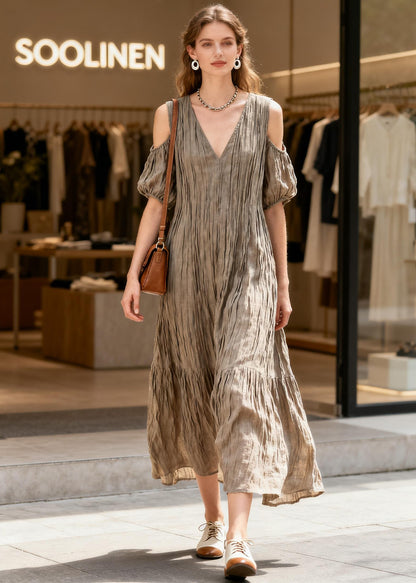 Fashion V Neck Cold Shoulder Wrinkled Patchwork Cotton Dress Summer