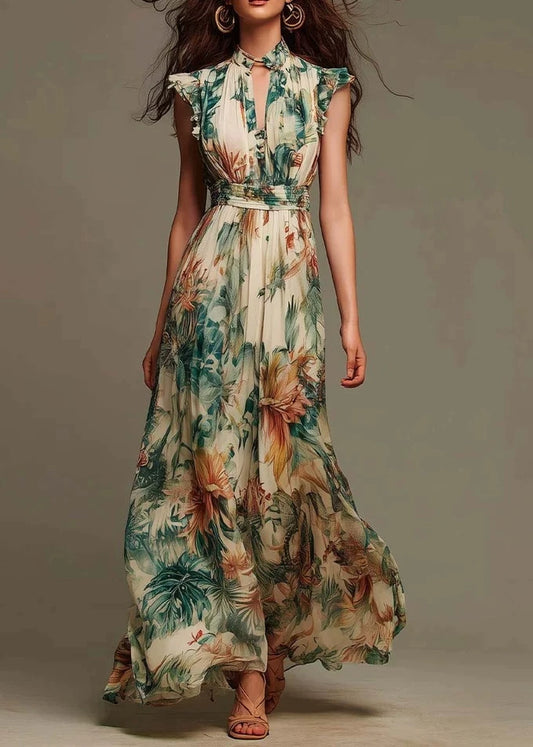 Fashion V Neck Ruffled Print Chiffon Long Dress Summer