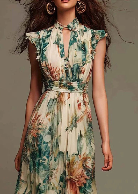 Fashion V Neck Ruffled Print Chiffon Long Dress Summer