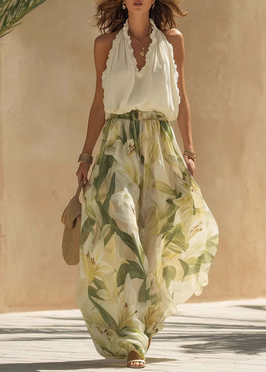 Fashion V Neck Ruffled Print Cotton Two Pieces Set Summer