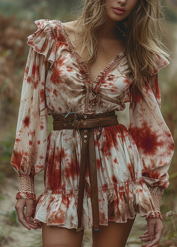 Fashion V Neck Ruffled Tie Dye Cotton Mini Dress Long Sleeve