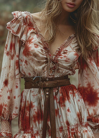 Fashion V Neck Ruffled Tie Dye Cotton Mini Dress Long Sleeve