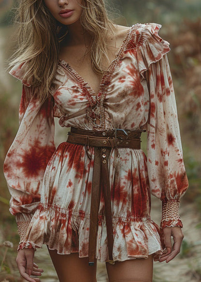 Fashion V Neck Ruffled Tie Dye Cotton Mini Dress Long Sleeve