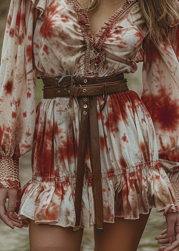 Fashion V Neck Ruffled Tie Dye Cotton Mini Dress Long Sleeve