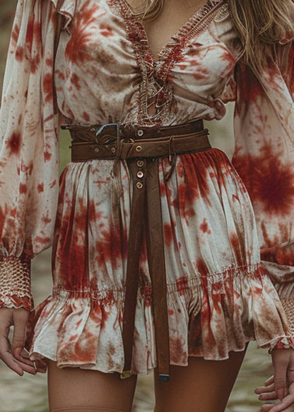 Fashion V Neck Ruffled Tie Dye Cotton Mini Dress Long Sleeve