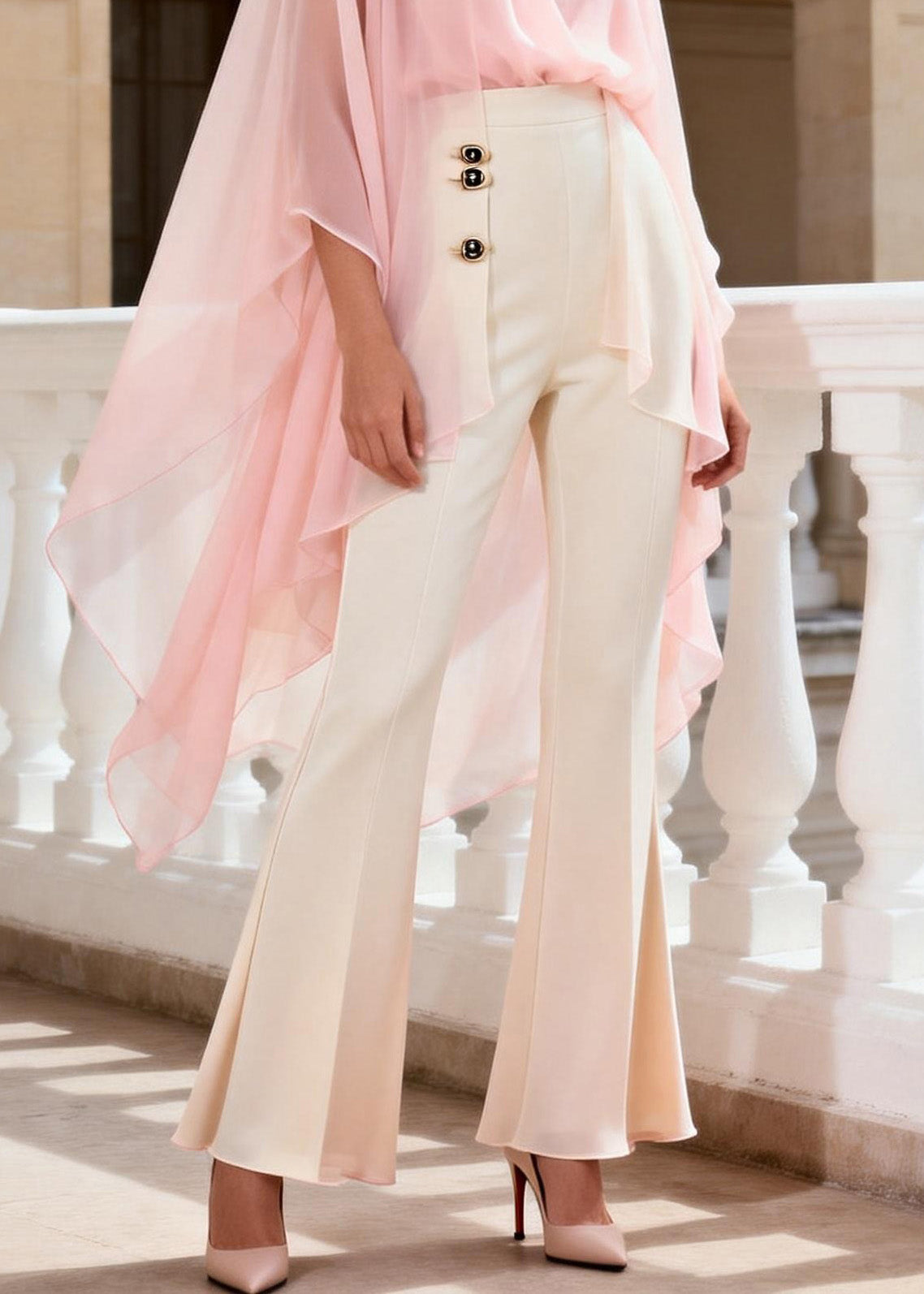 Fashion V Neck Top And Flared Trousers Silk Two Piece Suit Set Summer