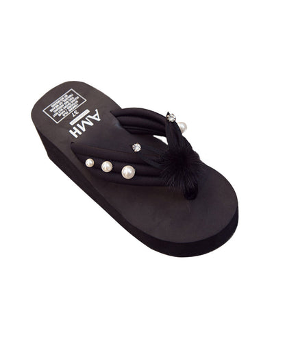 Fashion Wedge Flip Flops Caramel Fuzzy Ball Nail Bead