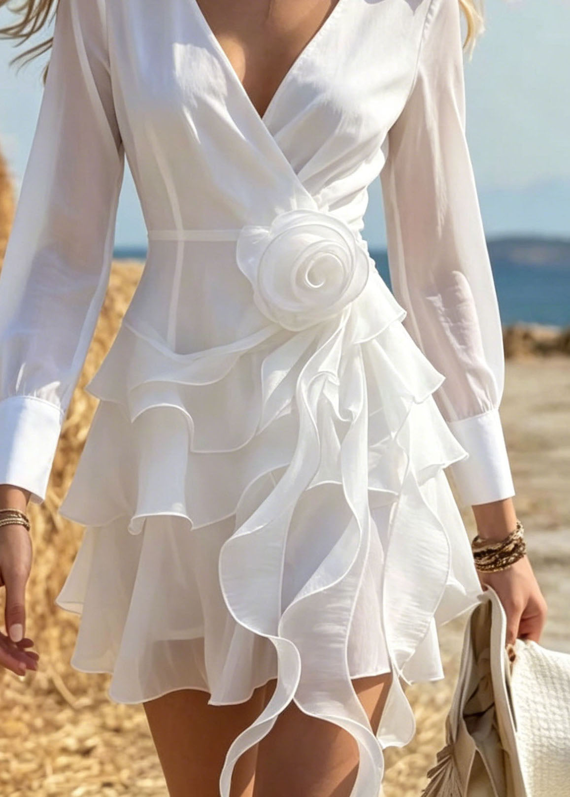 Fashion White Asymmetrical Design Floral Cotton Mini Dress Spring