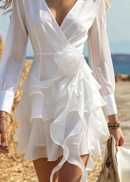 Fashion White Asymmetrical Design Floral Cotton Mini Dress Spring