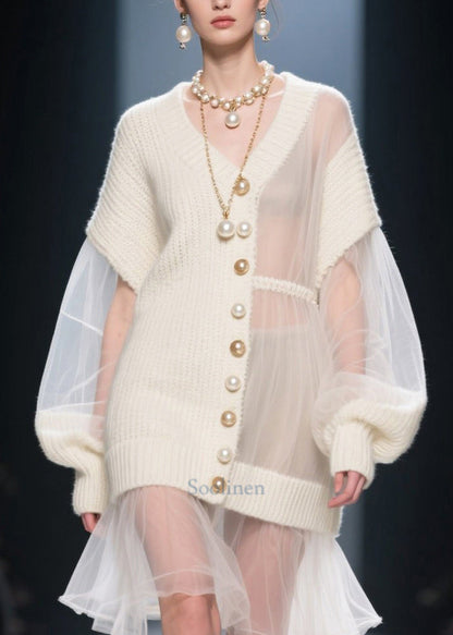 Fashion White Asymmetrical Patchwork Tulle Knitwear Dress Fall