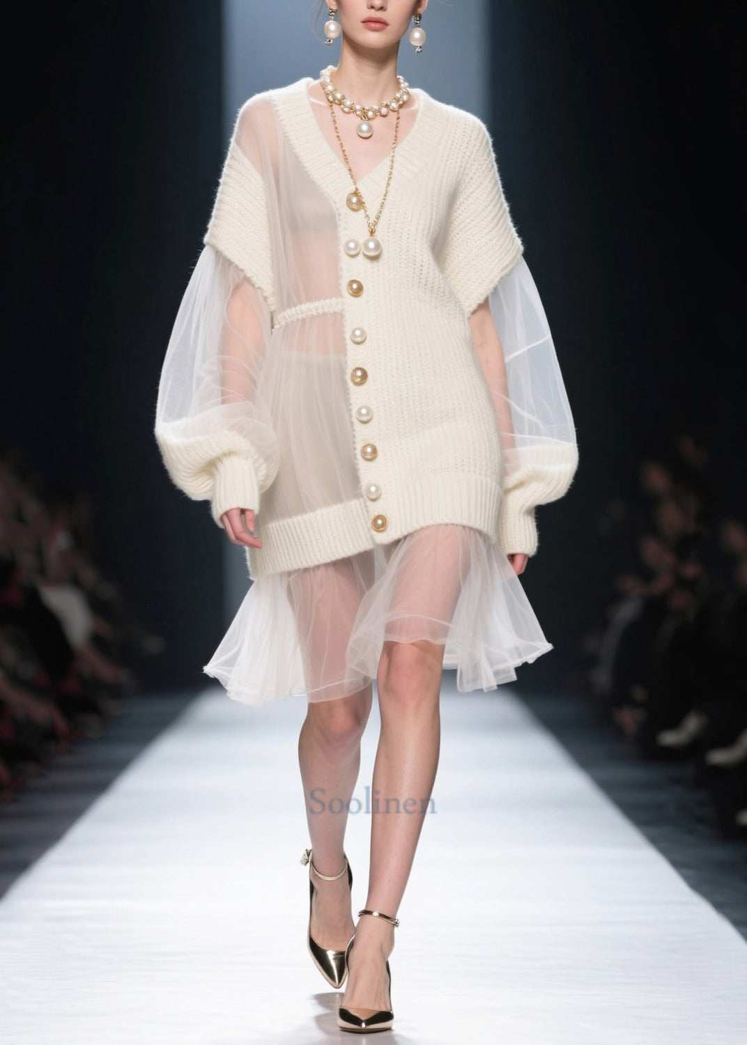 Fashion White Asymmetrical Patchwork Tulle Knitwear Dress Fall