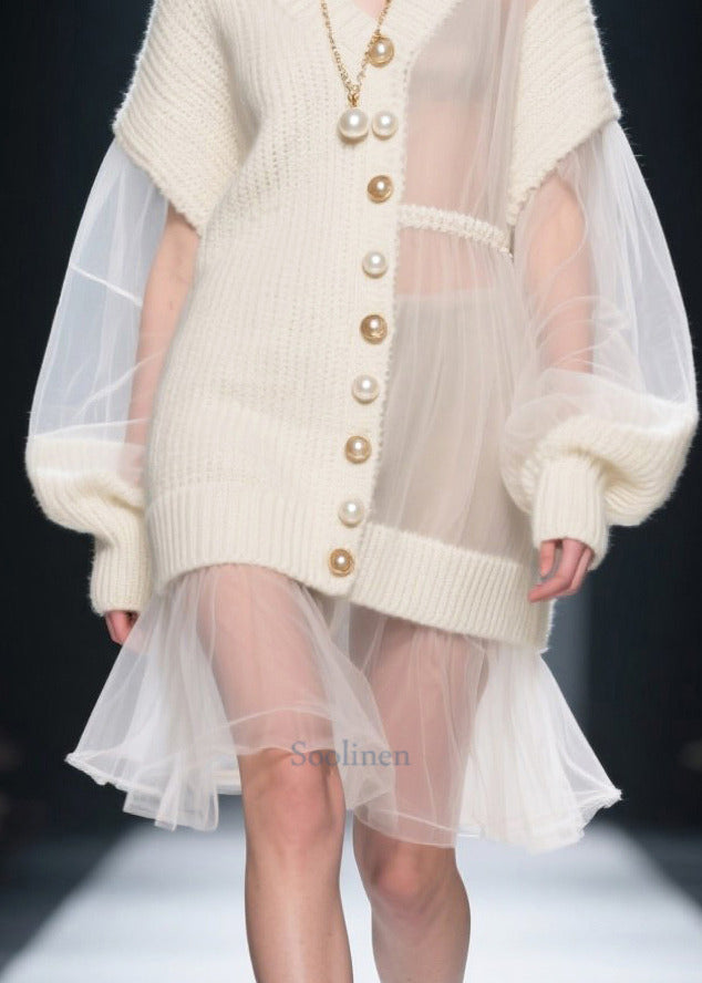 Fashion White Asymmetrical Patchwork Tulle Knitwear Dress Fall