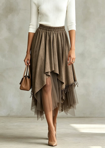 Fashion White Asymmetrical Tassel Tulle Patchwork Faux Suede Skirt Fall