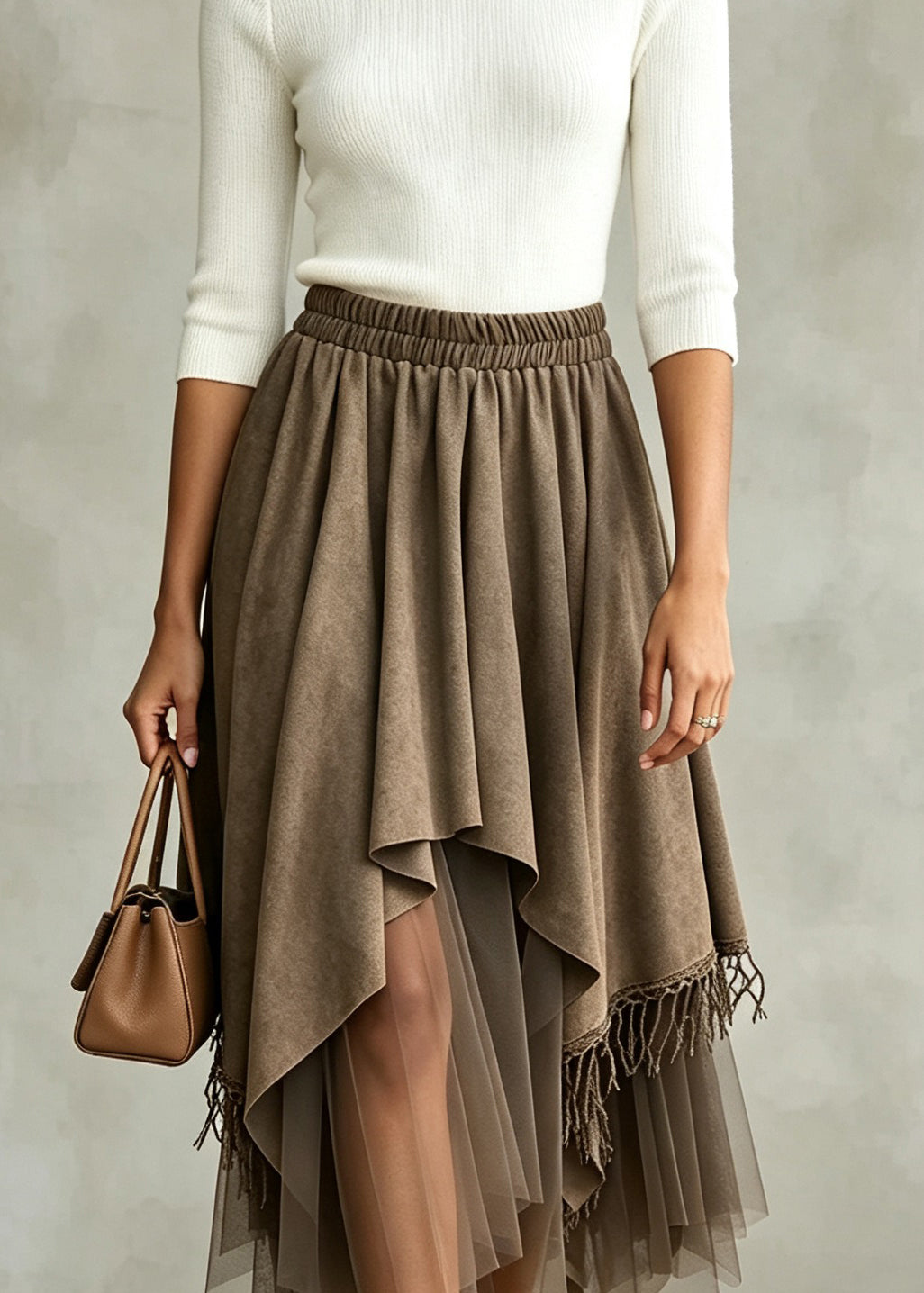 Fashion White Asymmetrical Tassel Tulle Patchwork Faux Suede Skirt Fall