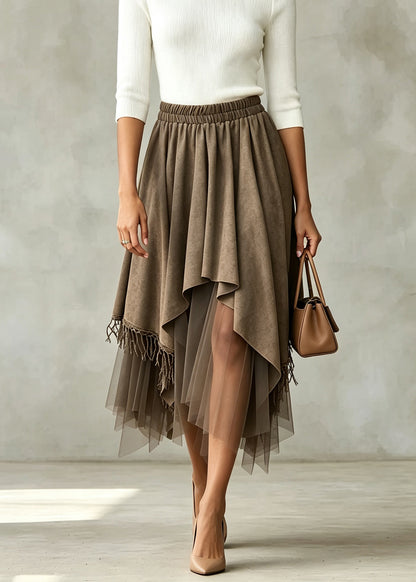 Fashion White Asymmetrical Tassel Tulle Patchwork Faux Suede Skirt Fall