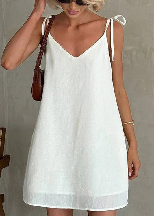 Fashion White Backless Lace Up Cotton Mini Dresses Summer