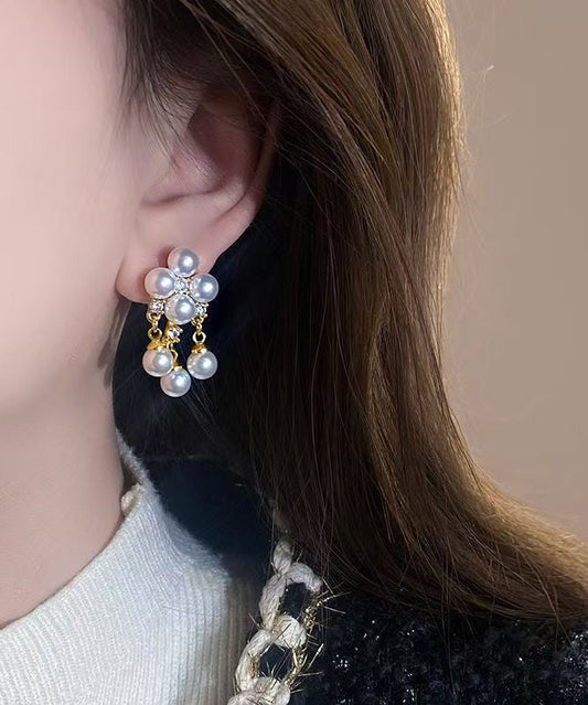 Fashion White Copper Alloy Zircon Pearl Tassel Drop Earrings