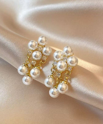 Fashion White Copper Alloy Zircon Pearl Tassel Drop Earrings