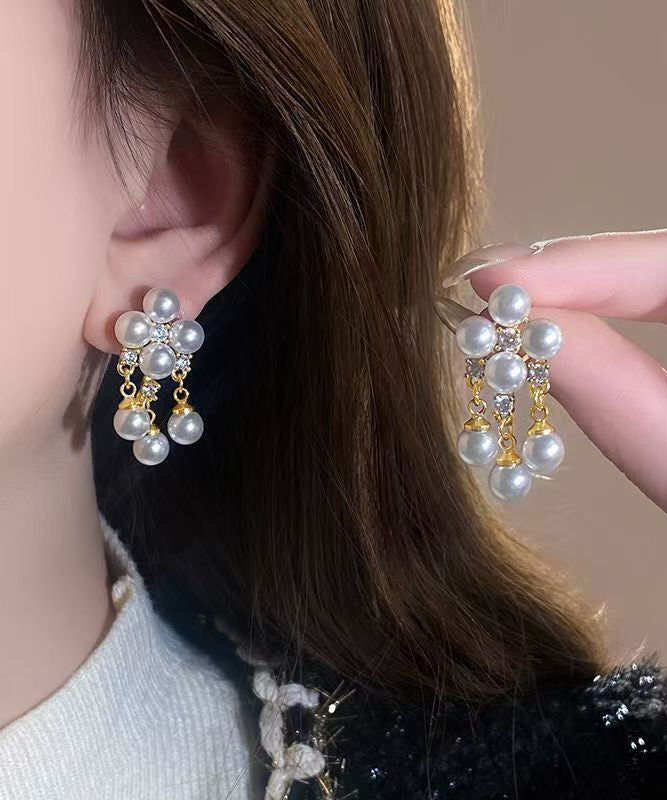 Fashion White Copper Alloy Zircon Pearl Tassel Drop Earrings