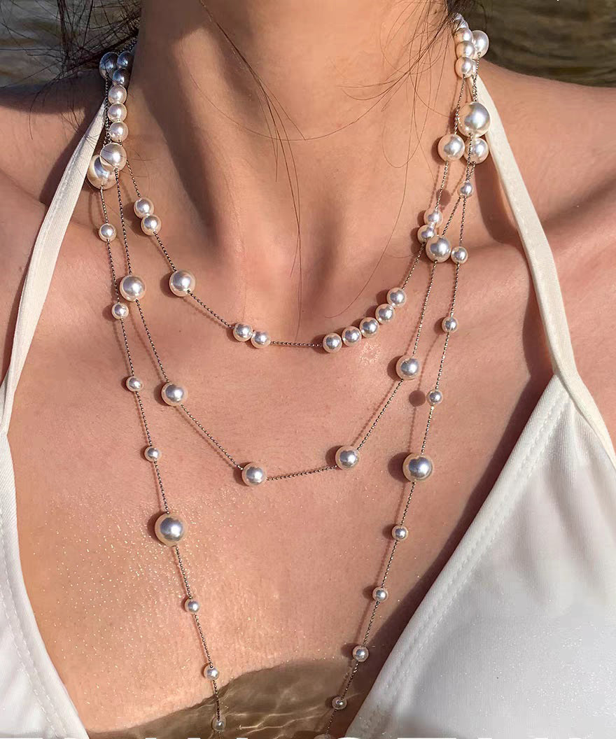 Fashion White Copper Overgild Double-Layer Pearl Lariat Necklace