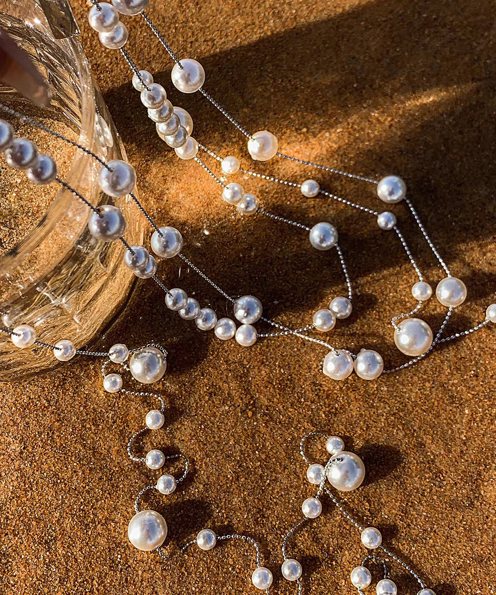 Fashion White Copper Overgild Double-Layer Pearl Lariat Necklace