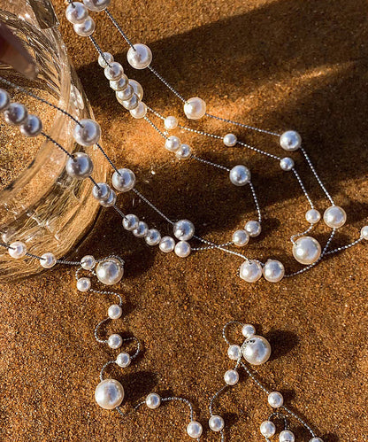 Fashion White Copper Overgild Double-Layer Pearl Lariat Necklace