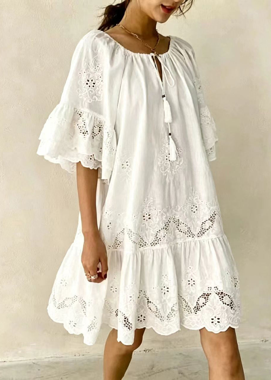 Fashion White Cut Out Tassel Lace Up Dress Summer