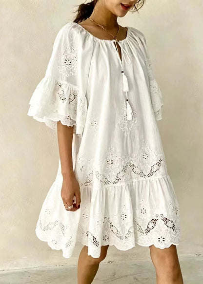 Fashion White Cut Out Tassel Lace Up Dress Summer