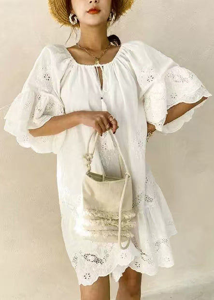 Fashion White Cut Out Tassel Lace Up Dress Summer