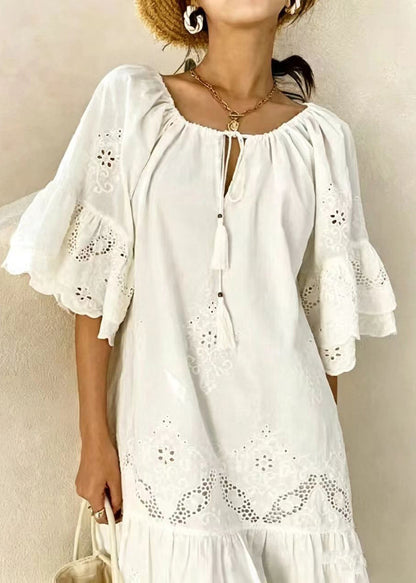 Fashion White Cut Out Tassel Lace Up Dress Summer