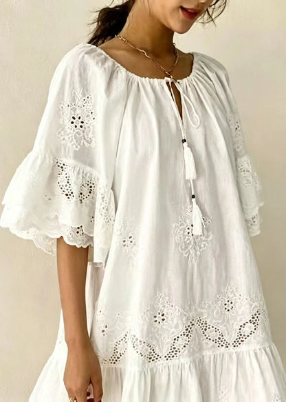 Fashion White Cut Out Tassel Lace Up Dress Summer